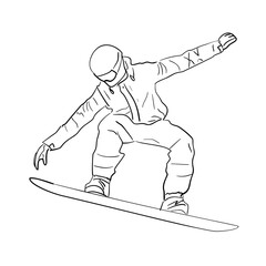 Vector image of a snowboarder. A quick sketch of an athlete who goes snowboarding in winter in the mountains. Black and white drawing of a snowboarder on a board in flight