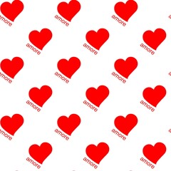 Vector seamless pattern of hearts and words amore. Hearts are symbols of love painted with bright red color. Romantic background.