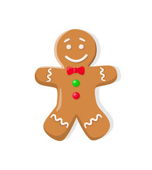 Christmas gingerbread of man, smiling boy with red bow and bright buttons. Traditional winter holiday ornament, bread shape of person vector isolated