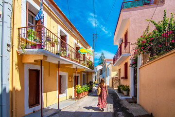 Fototapeta premium Colorful Houses view interior of Chios Town Castle in Chios Island of Greece