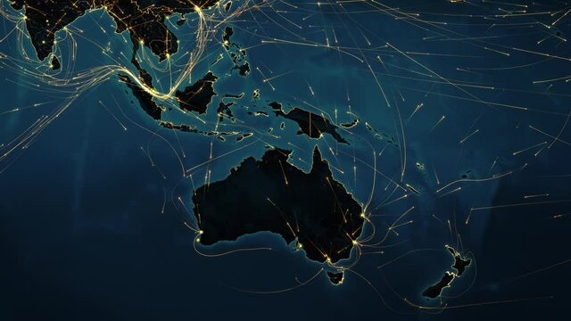 Oceania and Asian map with bright connections and city lights. Aerial, maritime, ground routes and country borders. This video can be used to represent concepts like technology, social networks.