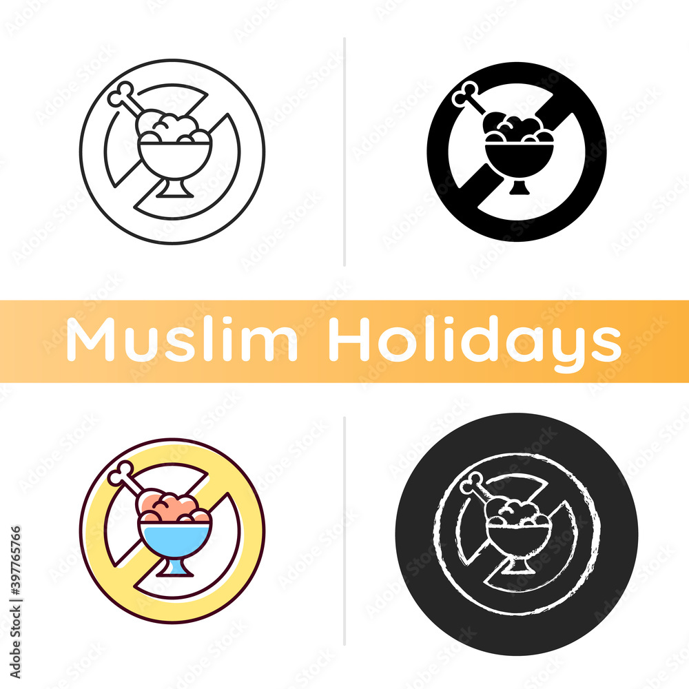 Poster Fasting icon. Practice of abstaining, usually from food and drink. Religious traditions during ramadan month. Linear black and RGB color styles. Isolated vector illustrations