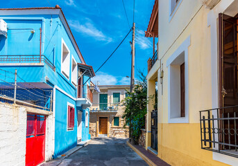Colorful Houses view interior of Chios Town Castle in Chios Island of Greece