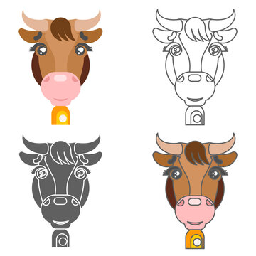 Cow animal head icons outline line art silhouette cartoon design vector illustration