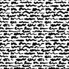 Wavy and swirled brush strokes vector seamless pattern. Black paint freehand scribbles, abstract ink background. Horizontal brushstrokes, smears, lines, squiggle pattern. Abstract wallpaper design