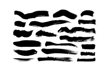 Vector grungy paint brush strokes collection. Calligraphy straight smears, stamp, lines. Hand drawn ink illustration isolated on white background. Vector black paint, ink brush stroke, line or texture