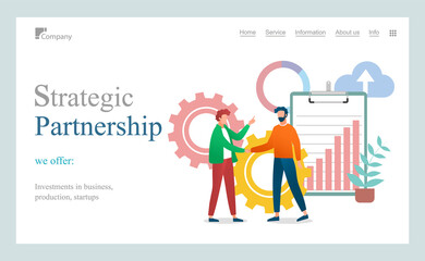 Business partnership relation concept, men shake hands. Team working partner together template for landing page. Strategic partnership of businessman characters website illustration flat design