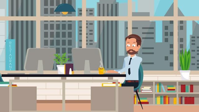 Businessman Animation Character Loop Work in Office. Man working in the openspace office online. Programmer typing code on computer. Looped animation with alpha channel.