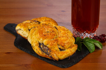 Homemade sweet bun with drink