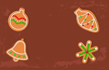 Gingerbread cookies and Merry Christmas holiday. Xmas tree decorations and jingle bell, snowflake cakes. Festive dessert, Santa treat, pastry food vector