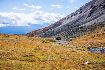 Fototapeta premium Dry yellow grass on the rocky mountain slope with heavy fog. Autumn mountain landscape.