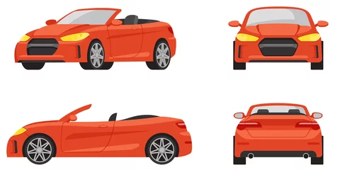 Gordijnen Cabriolet in different angles. Red automobile in cartoon style. © KurArt