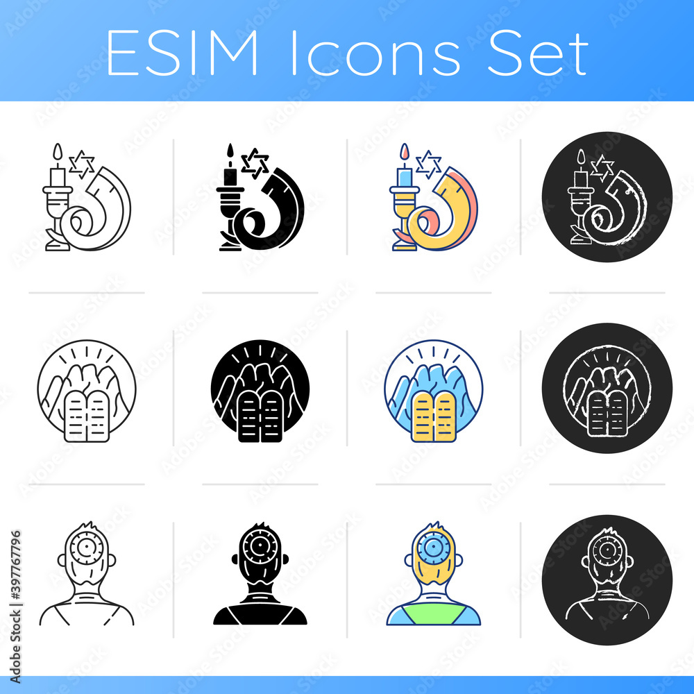 Wall mural Judaism beliefs icons set. Shofar. Stone Tablets. Kippah. Ancient musical horn. Ten Commandments. Yarmulke, dome. Small skullcap. Linear, black and RGB color styles. Isolated vector illustrations