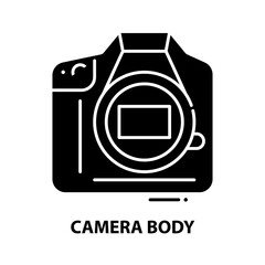 camera body icon, black vector sign with editable strokes, concept illustration