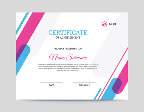 Abstract Pink, Purple and Blue Rounded Shapes Certificate Design Template
Letter Size 11x8.5 with .125 Bleed