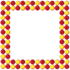 Quadratic frame of red and yellow  confetti in checkers pattern. Pizza party, Birthday, Easter background for greeting decor. Watercolor hand drawn isolated elements on white background.