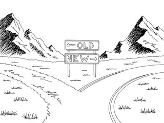 Road fork old new way mark graphic black white landscape sketch illustration vector