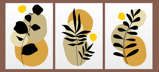 Vector botanical vertical banners set with black leaves and oval elements in yellow and orange tones. Design for cosmetics, spa, health care products, travel company. Poster and postcard templates