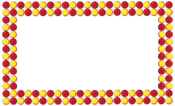 Rectangular frame of red and yellow  confetti in checkers pattern. Pizza party, Birthday, Easter background for greeting decor. Watercolor hand drawn isolated elements on white background.