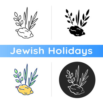 Four species icon. Jewish holiday. Etrog, lulav, hadas, arava. Sukkot week-long festival. Symbolic meaning. Citron tree fruit. Linear black and RGB color styles. Isolated vector illustrations