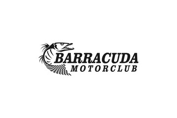 Barracuda logo racing flag - modern minimalist black white silhouette scary fish.