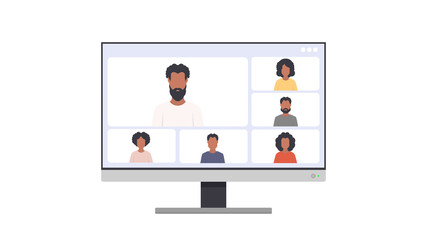 Application window for video communication. Modern glossy white screen monitor. For advertising design. Isolated over white background. Vector