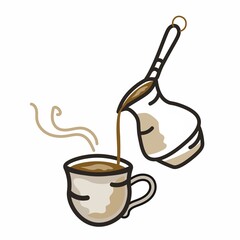 Turkish coffee is poured into a cup. Vector isolated illustration on white background.