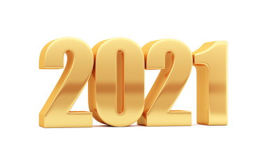 New Year. Shiny golden inscription 2021 isolated on white background. 3D rendering.