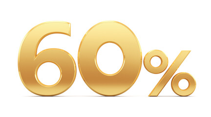 60% off on sale. Gold percent isolated on white background. 3d rendering. Illustration for advertising.