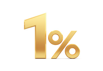1% discount on sale. Gold one percent isolated on white background. 3d rendering. Illustration for advertising.