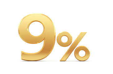 9% discount on sale. Gold nine percent isolated on white background. 3d rendering. Illustration for advertising.