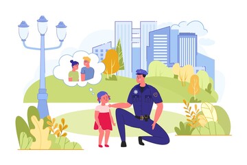 Policeman Finding Lost Child Girl and Helping her.