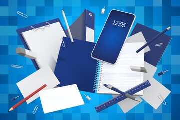 3d rendering. Stationery and printing products float in the air on a blue background. Mobile phone, notebook, folder, clipboard, notebook, ruler, pens, pencils, paper clips, buttons and eraser.