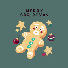 Merry Christmas composition, Cute New Year objects, set for your design. Doodle for textiles, t-shirts or postcards. Lettering handwriting. Holiday concept. Xmas card illustration.