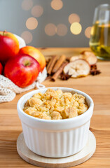 Fresh Organic healthy vegetarian vegan homemade red apple fruit pie crumble cake delicious dessert bake pastry with vanilla ice cream cinnamon for Christmas and autumn season