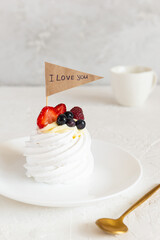Pavlova cake with the inscription 