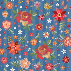 Embroidery seamless pattern with red roses and wild flowers on blue background