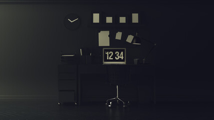 Dark Charcoal Grey Simple Modern Home Office with Shelves 3d illustration render