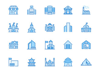 City building line icons set. Hospital, hotel, bank, mall, government hall, castle, police minimal vector illustrations. Simple flat outline sign for web, app. Blue color, Editable Stroke
