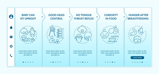 Introducing baby food requirements onboarding vector template. No tongue thrust reflex. Curiosity in food. Responsive mobile website with icons. Webpage walkthrough step screens. RGB color concept