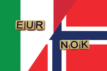 Italy and Norway currencies codes on national flags background