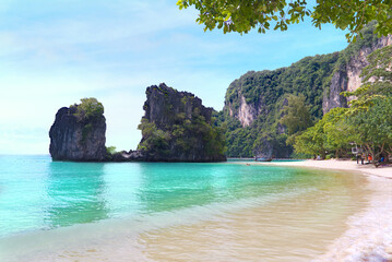 Turquoise sea on beautiful beach with background cliff mountain at Koh hong lagoon in Krabi Thailand