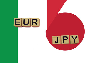 Italy and Japan currencies codes on national flags background