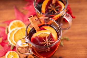 German tradition winter Christmas market new year holidays festival drink tea Gluhwein Mulled sweet hot warm red Wine with spices citrus aromatic cinnamon star anise