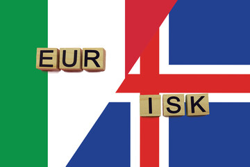 Italy and Iceland currencies codes on national flags background