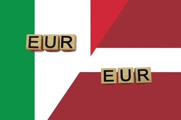 Italy and Latvia currencies codes on national flags background