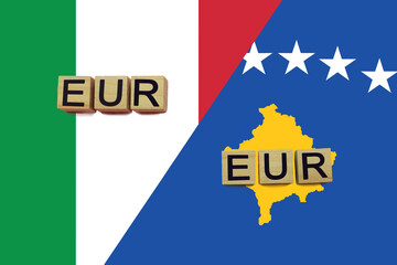 Italy and Kosovo currencies codes on national flags background