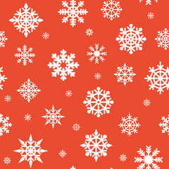 Christmas seamless pattern. White snowflakes on a red background. Great for fabric, textile Vector Illustration. christmas card with snowflake border vector illustration. Scandinavian Christmas.