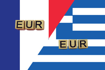France and Greece currencies codes on national flags background