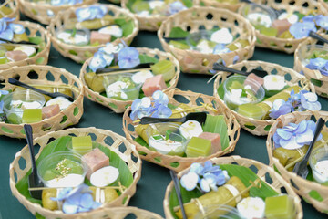 coconut milk and sticky rice with banana dessert. Thai traditional snack